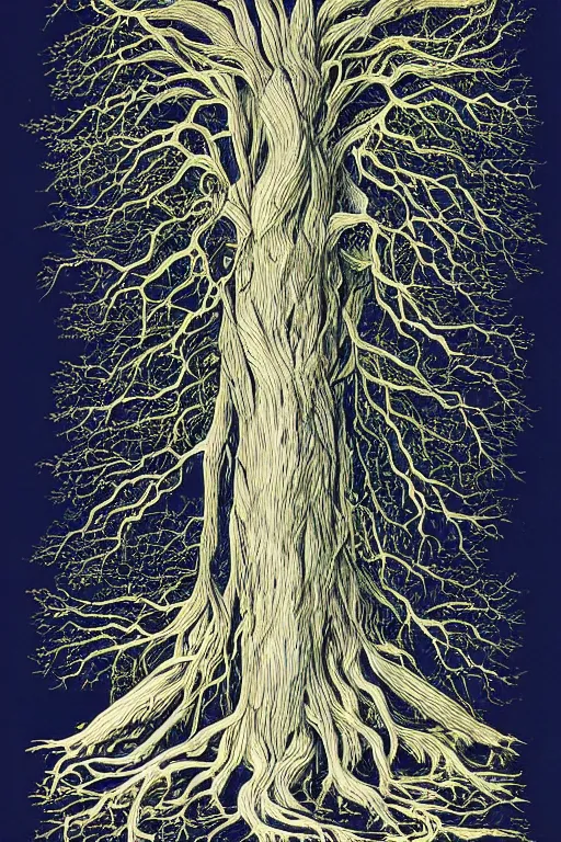 Prompt: a drawing of a tree with its roots in the water, an illustration of by edgar schofield baum, haeckel and alasdair gray, featured on deviantart, ecological art, photoillustration, fractalism, storybook illustration