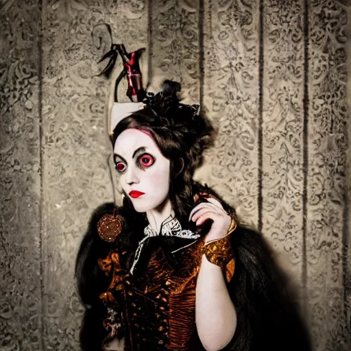 Image similar to A beautiful portrait of a lady vampire, steampunk, photography, 35mm, soft light, cinematic, klimt