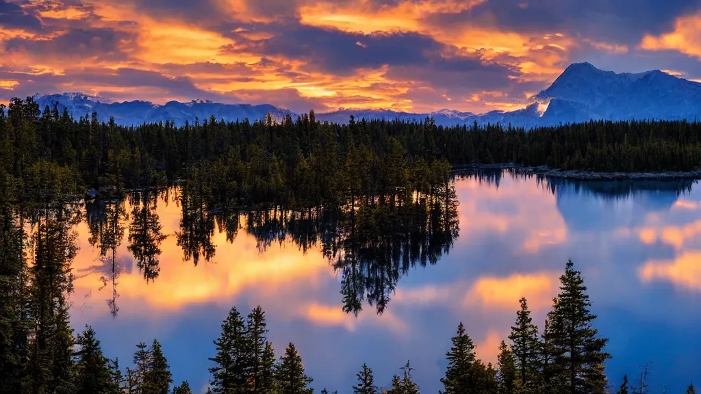 amazing lake view photo of golden taiga in sunset, | Stable Diffusion ...