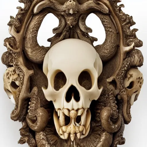 Prompt: an intricately detailed carving in an wolf - octopus skull, rococo ornate bone and ivory sculpted skull with teeth and tentacles, horror, artifact, micro detailed, inscribed with occult symbols, otherworldly