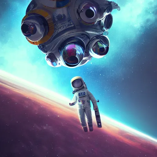 Image similar to an epic portrait of an astronaut entering macroscopic multiverse of atoms madness with a tiny macro spaceship, cinematic lighting, trending on Artstation, highly detailed, insane details