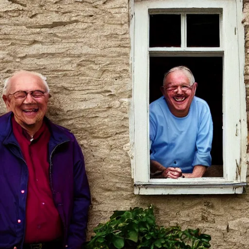 Image similar to several smiling old men seen through a small window