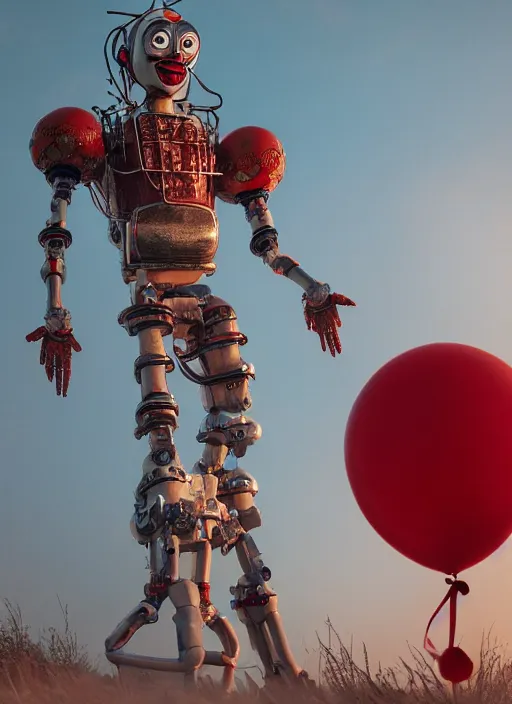 Prompt: Giant Clown from the movie IT as a robot abandoned on a dusky land, artistic pose, cinematic shot, intricate, ornate, photorealistic, ultra detailed, realistic, 100mm, photography, octane, high definition, depth of field, bokeh, 8k, artstation