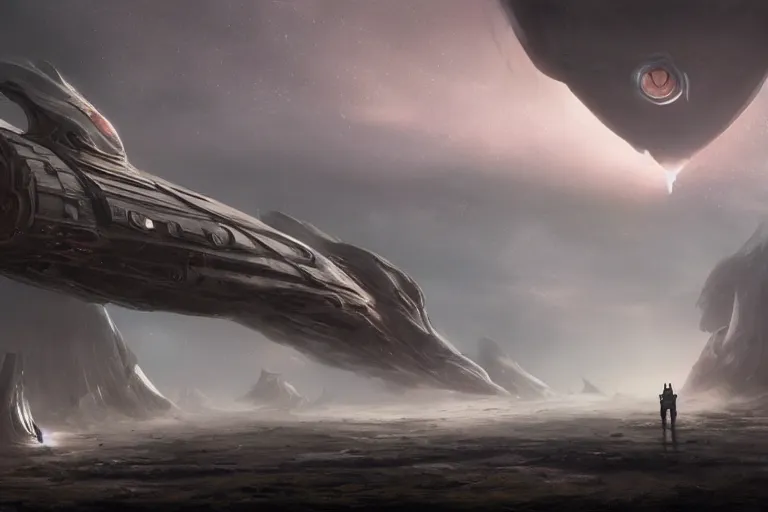 Prompt: spaceship lands on the face of a foreign alien planet, foreboding, dangerous, dark, scary, brooding amazing concept painting by Jessica Rossier and HR Giger