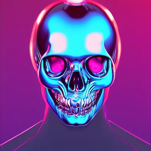 Image similar to portrait of a glossy black robot skull head, blue and pink highlights, glowing eyes, digital art, artstation