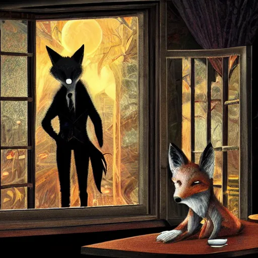 Prompt: humanoid fox detective in an evil restaurant. dark, gothic, moonlight through window. fine art, masterpiece digital painting, 4 k