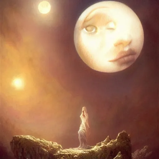 Prompt: a hyperrealistic acrylic on canvas portrait painting of the Moon Goddess by Greg Rutkowski, Artgerm and Beksinski. Epic fantasy art. Volumetric lighting. Night scene.