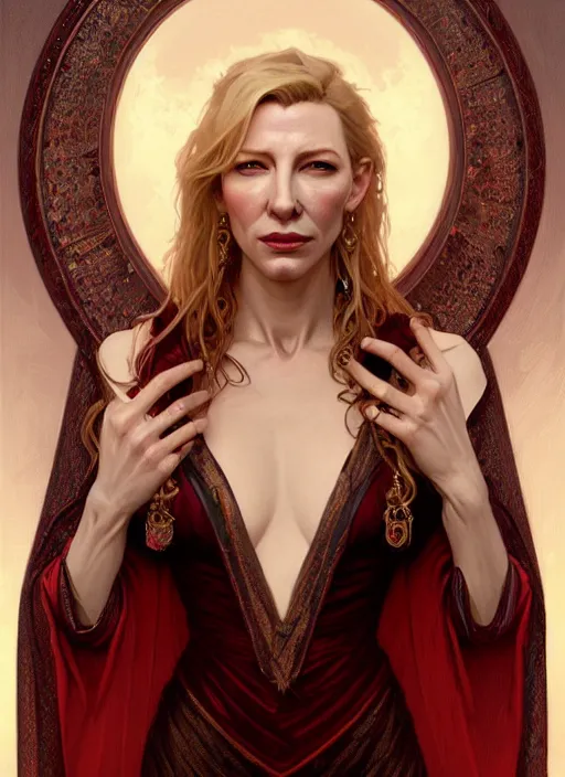 Prompt: portrait of kate blanchett as a vampire lord, jewelry, greek, ruby, intricate, headshot, highly detailed, digital painting, artstation, concept art, sharp focus, cinematic lighting, illustration, art by artgerm and greg rutkowski, alphonse mucha, cgsociety