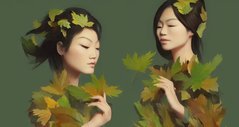 Prompt: asian female wearing leaf costume, contrast lightning, rough dark background, art by dannylailai on artstation, by hsiao ron cheng