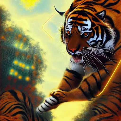 Prompt: tiger made of electricity flying in the sky ; cat flying in the sky ; panther flying in the sky ; humans being devoured ; aliens, robotic machines, gods, bio - mechanical intelligences, glitch creatures, dmt entity ; lsd art, trending on artstation, style greg rutkowski