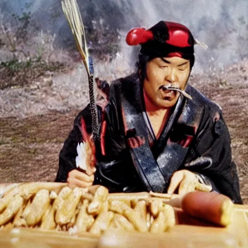 Image similar to scene from Kagemusha, 1980, movie still, cinematic, a samurai eating a hot dog, mustard and ketchup,