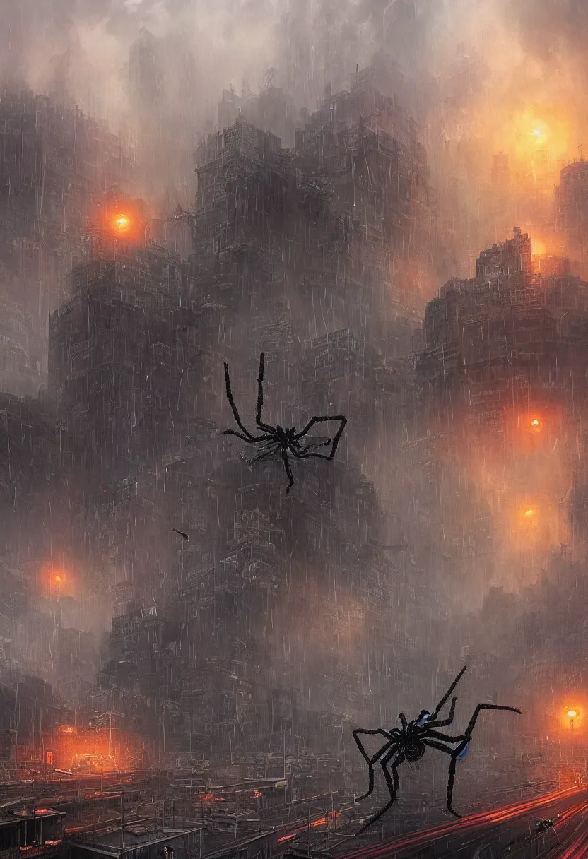 Image similar to A terrifying giant spider destroying a city, dramatic atmosphere, cinematic lighting, rain, masterpiece digital painting by Alex Grey, Greg Rutkowski, 4k wallpaper, artstation