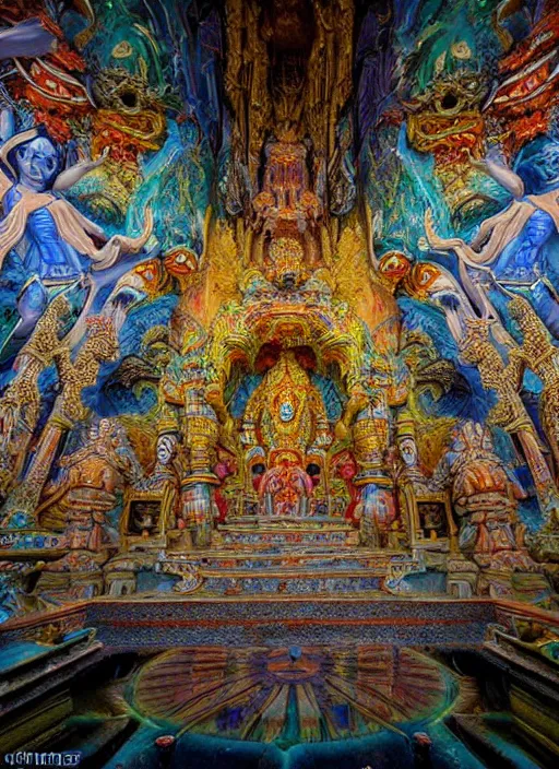 Image similar to breathtakingly beautiful ultrawide angle colour masterpiece weird dream, low angle view from inside a hindu temple, hindu goddess close shot, strange beautiful derelict temple, incredible sense of depth and perspective and clarity, arch, symmetry symmetrical, h. r. giger and alex grey and hiroshi yoshida and moebius and studio ghibli, 8 k