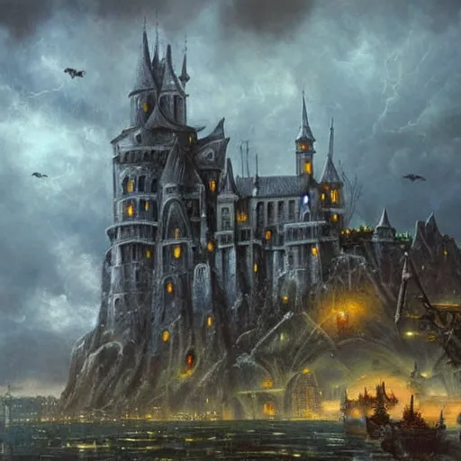 Image similar to stark oil painting medieval fantasy cityscape, foreboding, detailed, castle, stormy skies