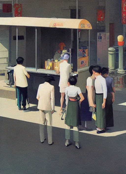 Image similar to crowd around ice cream cart in Tokyo Edward Hopper and James Gilleard, Zdzislaw Beksinski highly detailed