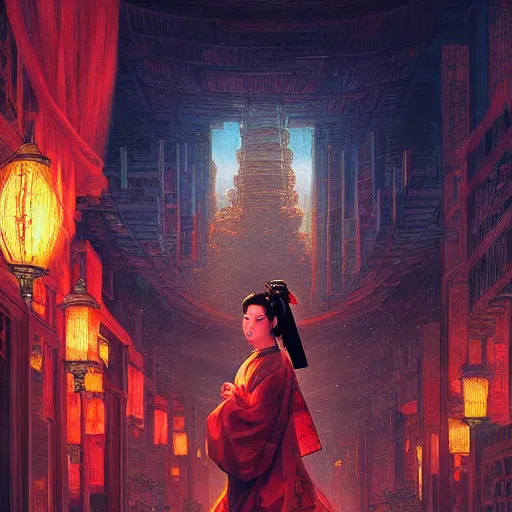 Prompt: portrait of geisha, atmospheric lighting, painted, intricate, volumetric lighting, beautiful, rich deep colours masterpiece, sharp focus, ultra detailed, in the style of Dan Mumford and marc simonetti, futuristic temple in the background,