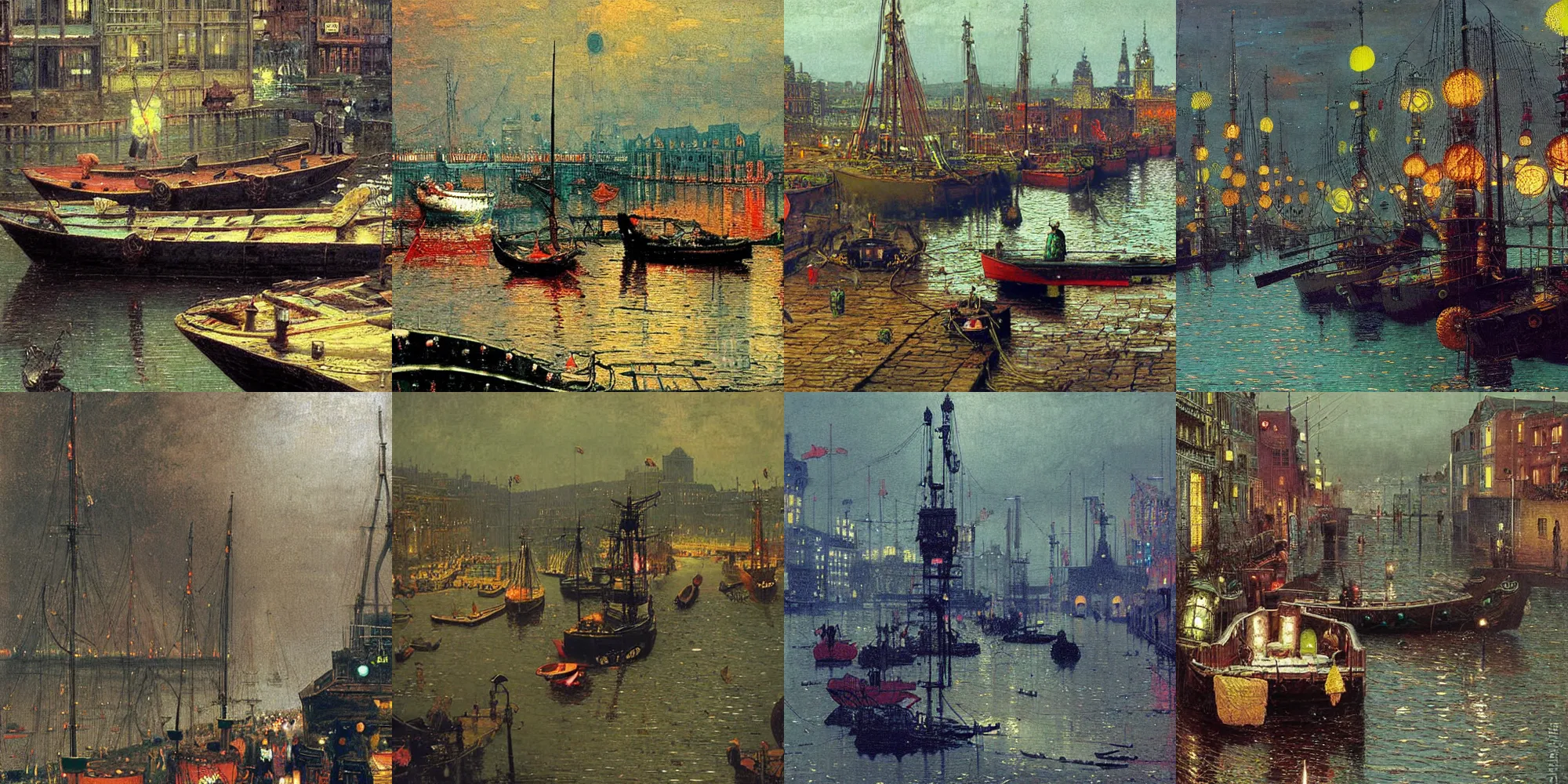 Prompt: colorful boats with big robots inside detailed painting by john atkinson grimshaw