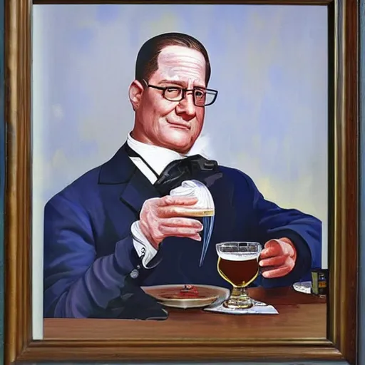 Prompt: painting of a portrait ofVictorian Era president Hank Hill drinking a Pabst Blue Ribbon beer, realistic