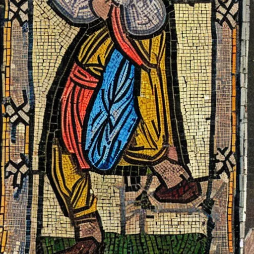 Prompt: hobo jumping on a train, byzantine mosaic,