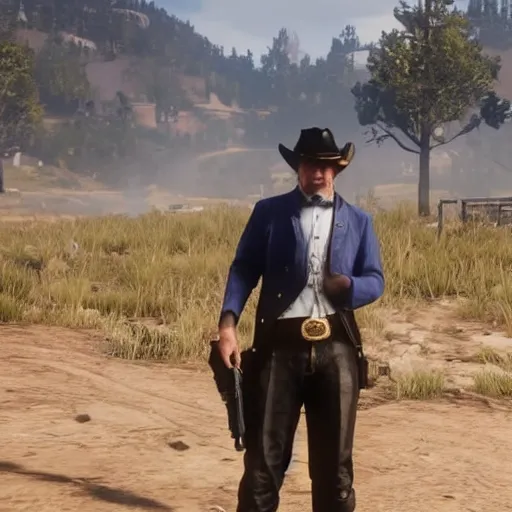 Prompt: gameplay footage of Donald trump in red dead redemption 2