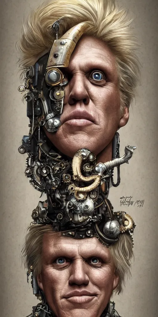 Image similar to portrait of Gary Busey, elegant, intricate, steampunk, full frontal shot, highly detailed, digital painting, artstation, concept art, sharp focus, illustration, art by artgerm and H.R. Giger