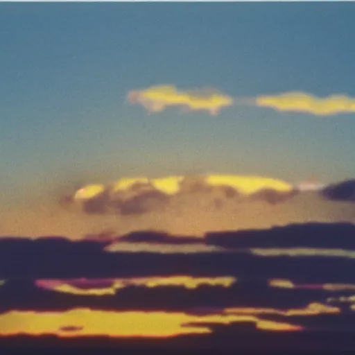 Prompt: video of the sky, recorded with vhs, sunset, clouds, 1 9 7 9