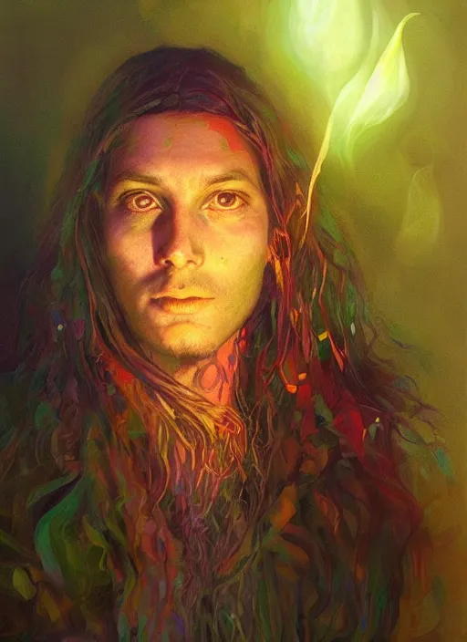 Image similar to full-length portrait of psychedelic shaman under fire light, highly detailed, sharp focused, ultra realistic digital concept art by Alyssa Monks, Charlie Bowater