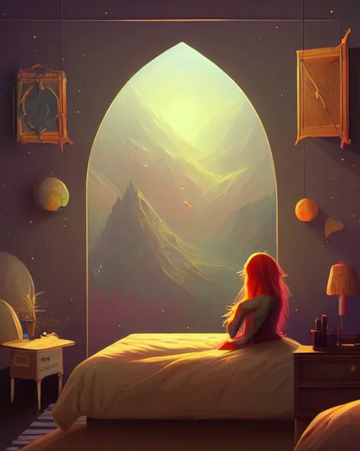 Image similar to beautiful painting of elven bedroom, art by mike winkelmann and by petros afshar, sky night, illustration, highly detailed, simple, smooth and clean vector curves, no jagged lines, vector art, smooth, artstation