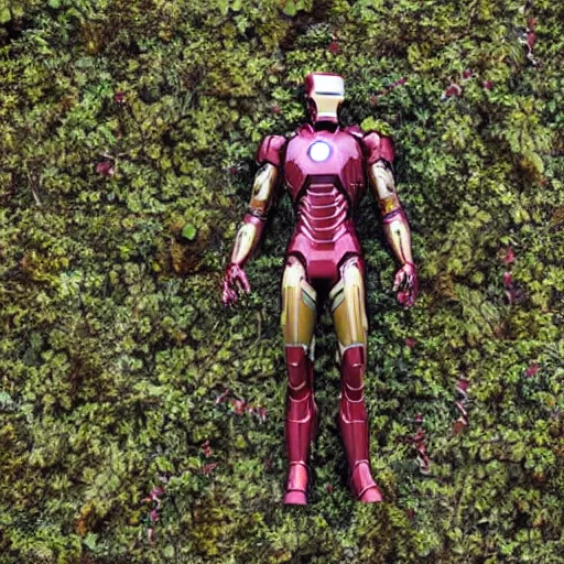 Prompt: abandoned iron man suit covered in vines, 4k realistic photo