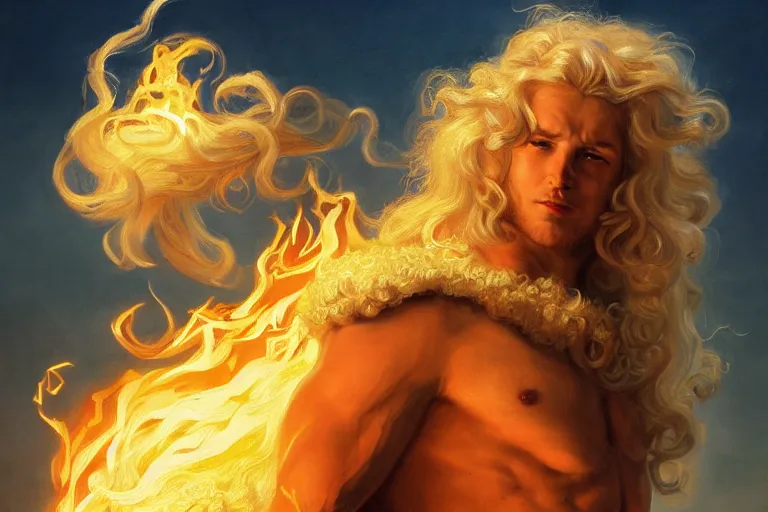 Prompt: Lucius as a demigod of scintillating radiance, long fluffy blond curly hair, wreathed in magnificent flames stalking across the battlefield, oil on canvas, golden hour, artstation, by J. C. Leyendecker and Peter Paul Rubens