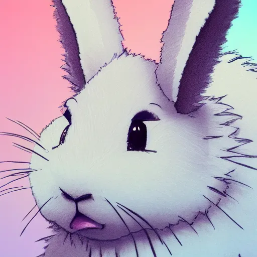 Image similar to a fluffy bunny, thoughtful expression, Aesthetically pleasing, by Studio Ghibli,, high definition, illustration, ambient lighting, HDR, HD, UHD, 4K, 8K, cinematic, dynamic, energetic, lively, elegant, intricate, complex, highly detailed, Richly textured, Rich vivid Color, masterpiece.