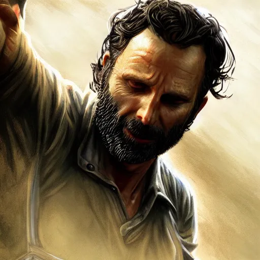 Prompt: rick grimes, portrait, fantasy, medieval, vivid colors, elegant, concept art, sharp focus, digital art, Hyper-realistic, 4K, Unreal Engine, Highly Detailed, HD, Dramatic Lighting by Brom, trending on Artstation