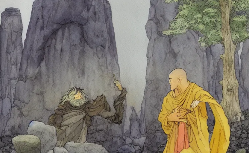 Prompt: a hyperrealist anime watercolor fantasy concept art of a giant monk with a grey robe and a small druid with a yellow robe in stonehenge on a misty night. in the background several immense stones are floating in the air. by rebecca guay, michael kaluta, charles vess