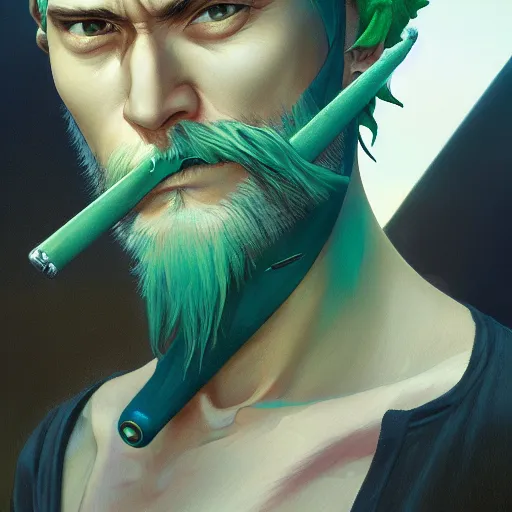 Image similar to highly detailed vfx portrait of roronoa zoro, stephen bliss, green hair, loish, rhads, beeple, makoto shinkai, tom bagshaw, alphonse mucha, sharp focus, art by artgerm and greg rutkowski, stanley kubrick, backlit, harsh overhead sunlight,