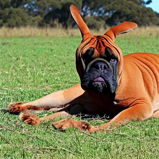 Image similar to boerboel in a field, kangaroo in the background, detailed, intricate