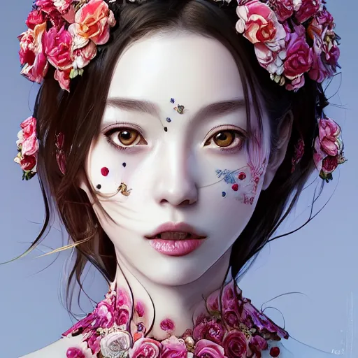 Prompt: the portrait of an absurdly beautiful, graceful, elegant, sophisticated, fashionable realistic anime woman made of strawberries and white petals with tears, an ultrafine hyperdetailed illustration by kim jung gi, irakli nadar, intricate linework, bright colors, octopath traveler, final fantasy, unreal engine 5 highly rendered, global illumination, radiant light, detailed and intricate environment