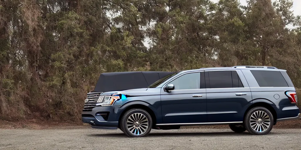 Prompt: High-angle shot, SUV inspired by a 2017 Ford Expedition and 2017 Lincoln Navigator