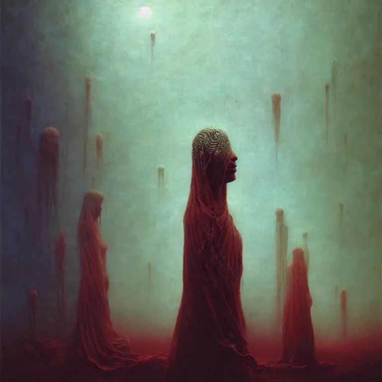 Image similar to portrait of shamanic ritual by beksinski, psychedelic trippy visionary art, soft bloom lucid dream - like atmosphere, baroque painting, perfect composition, detailed octane render trending on artstation, 8 k artistic photography, volumetric cinematic perfect light, chiaroscuro, masterpiece, raphael, caravaggio, beksinski, rutkowski, beeple