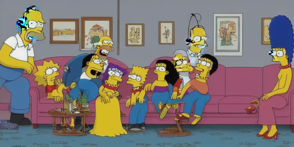 Prompt: the simpsons and addams family sitting on a couch watching television, pixar art, stylish, john lassiter, cinematic frame, relaxed environment,