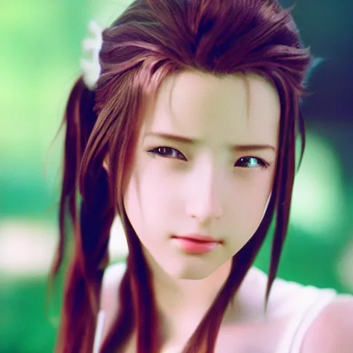 Prompt: photo of aerith from final fantasy vii, cinematic, cinestill 4 0 0 t film