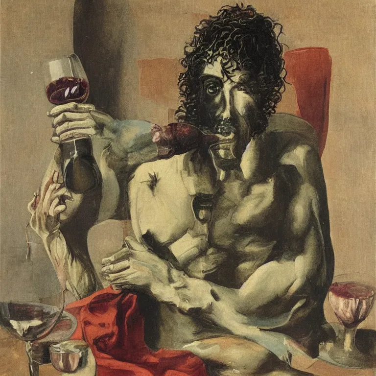 Image similar to raw, unsettling portrait of Dionysus, the Greek god of wine, drinking to forget his heartbreak by 20th-century artist Francis Bacon