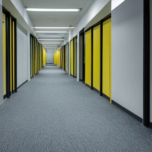 Image similar to liminal abandoned office hallways with walls and carpeting with a monochromatic tone of pale yellow, fluorescent lights, pale yellow walls, pale yellow carpet flooring, european office