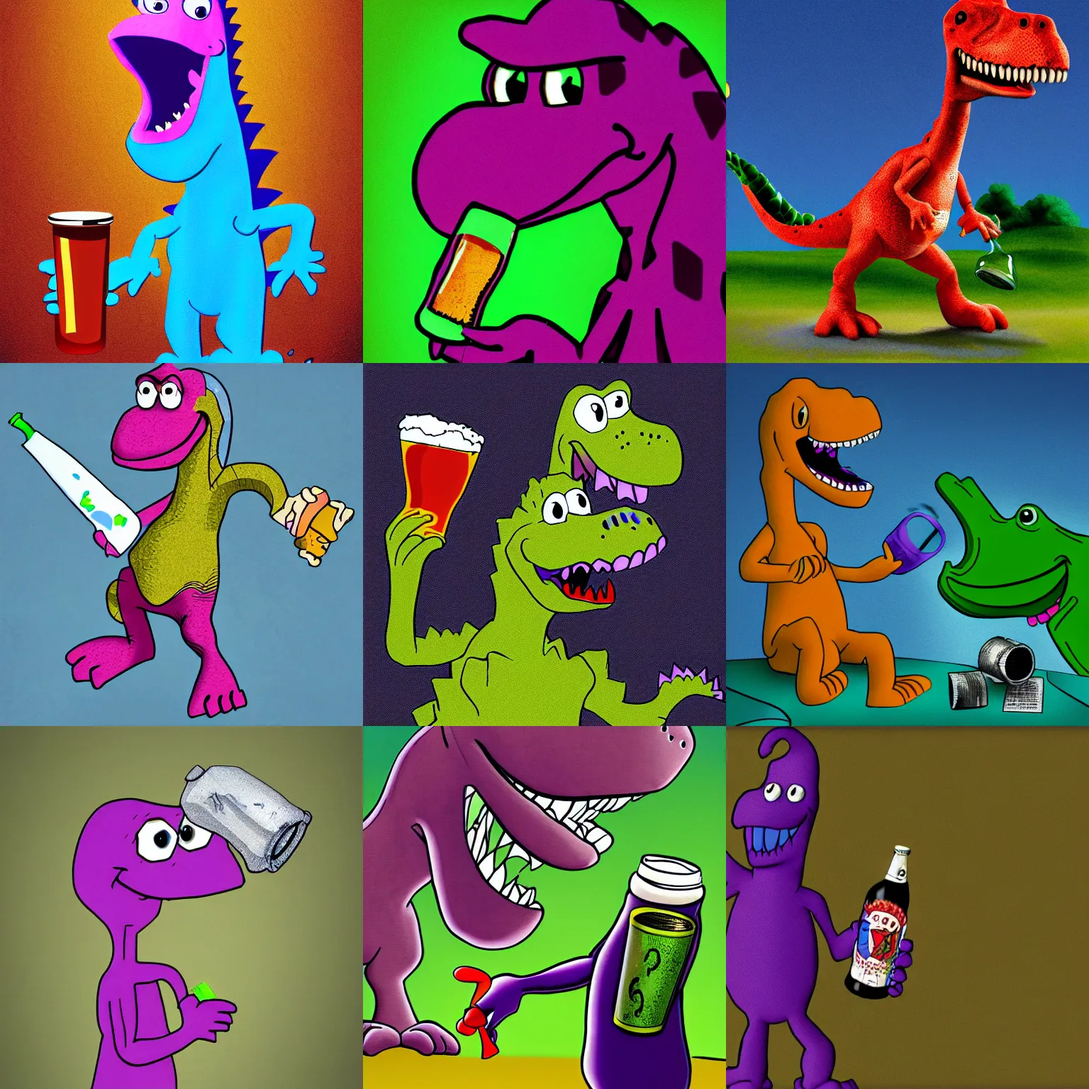 Prompt: barney the dinosaur from the kid's show holding a broken beer bottle, absurdist, hyperrealistic, digital art