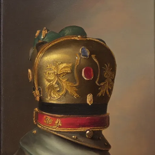 Prompt: still life oil painting of a prussian pickelhaube