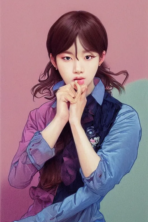 Image similar to portrait of kpop idol, expressive pose, lively expression, a pastel by chip zdarsky, trending on pinterest, mingei, full body, stylish, intricate, elegant, rose tones, highly detailed, digital painting, artstation, concept art, smooth, sharp focus, illustration, art by artgerm and greg rutkowski and alphonse mucha