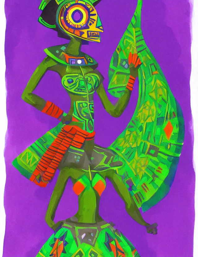 Image similar to aztec scifi pricess of the cloud forest, wearing a lovely dress. this gouache painting by the award - winning animator has an interesting color scheme and impeccable lighting.