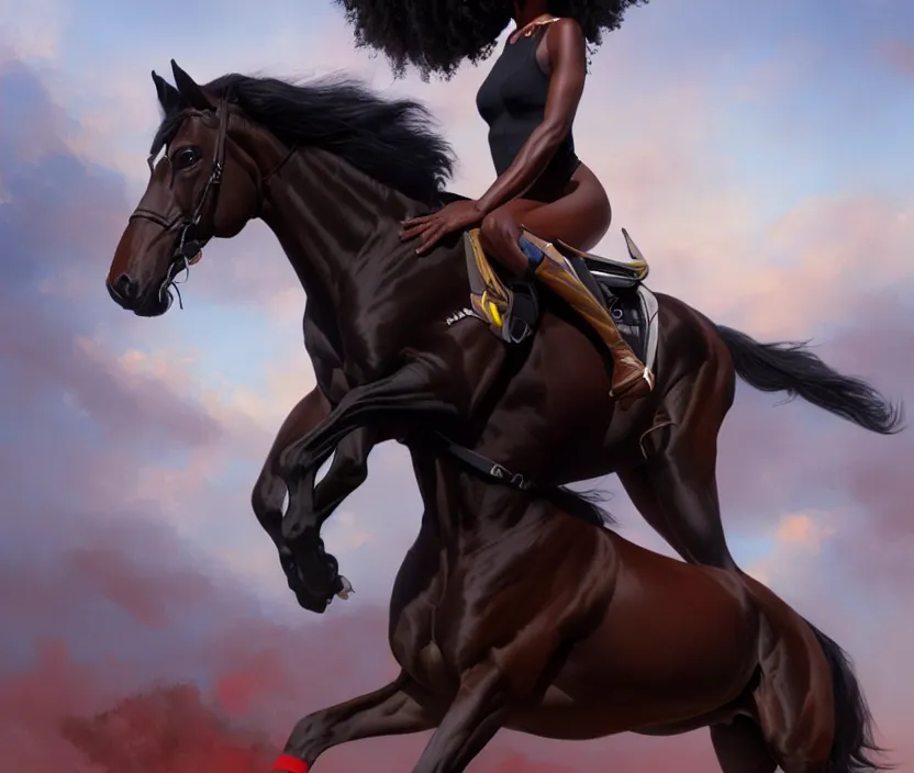 Prompt: full body portrait of beautiful black woman riding a thoroughbred, cinematic, highly detailed, digital painting, artstation, concept art, smooth, sharp focus, illustration, face by wlop, illustrated by mars ravelo and greg rutkowski