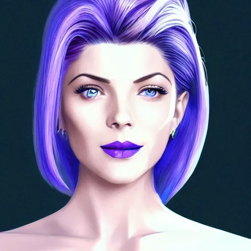 Prompt: A combination of Grace Kelly's and Katheryn Winnick's and Ashley Greene's faces with blue skin and short violet hair as Cortana from Halo, cyberpunk style, synthwave aesthetic, fantasy, intricate, elegant, highly detailed, digital painting, artstation, concept art, matte, sharp focus, illustration, half body portrait, anime style, blue tint, art by Artgerm and Greg Rutkowski and Alphonse Mucha