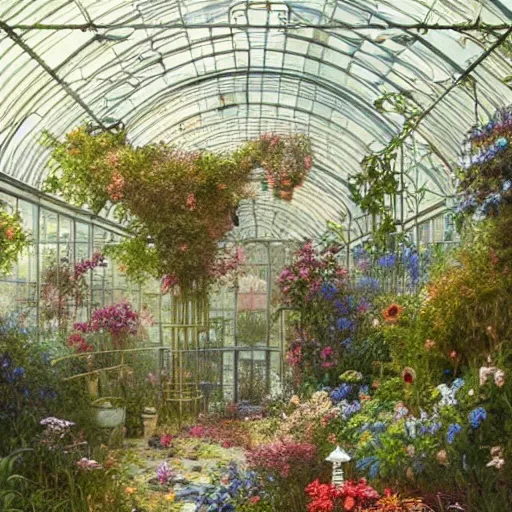 Image similar to a beautifull intricate greenhouse with many flowers, reflexions, high details by william turner art, greg rutkowski and alphonse mucha, trending on artstation, very very detailed, masterpiece,