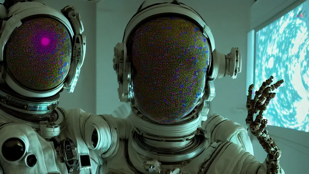 Image similar to a cybernetic symbiosis of a single astronaut mech-organic eva suit made of pearlescent wearing knitted shiny ceramic multi colored yarn thread infected with diamond 3d fractal lace iridescent bubble 3d skin dotted covered with orb stalks of insectoid compound eye camera lenses floats through the living room, film still from the movie directed by Denis Villeneuve with art direction by Salvador Dalí, wide lens,kevlar,carbon fiber,ceramics,gaseous materials,